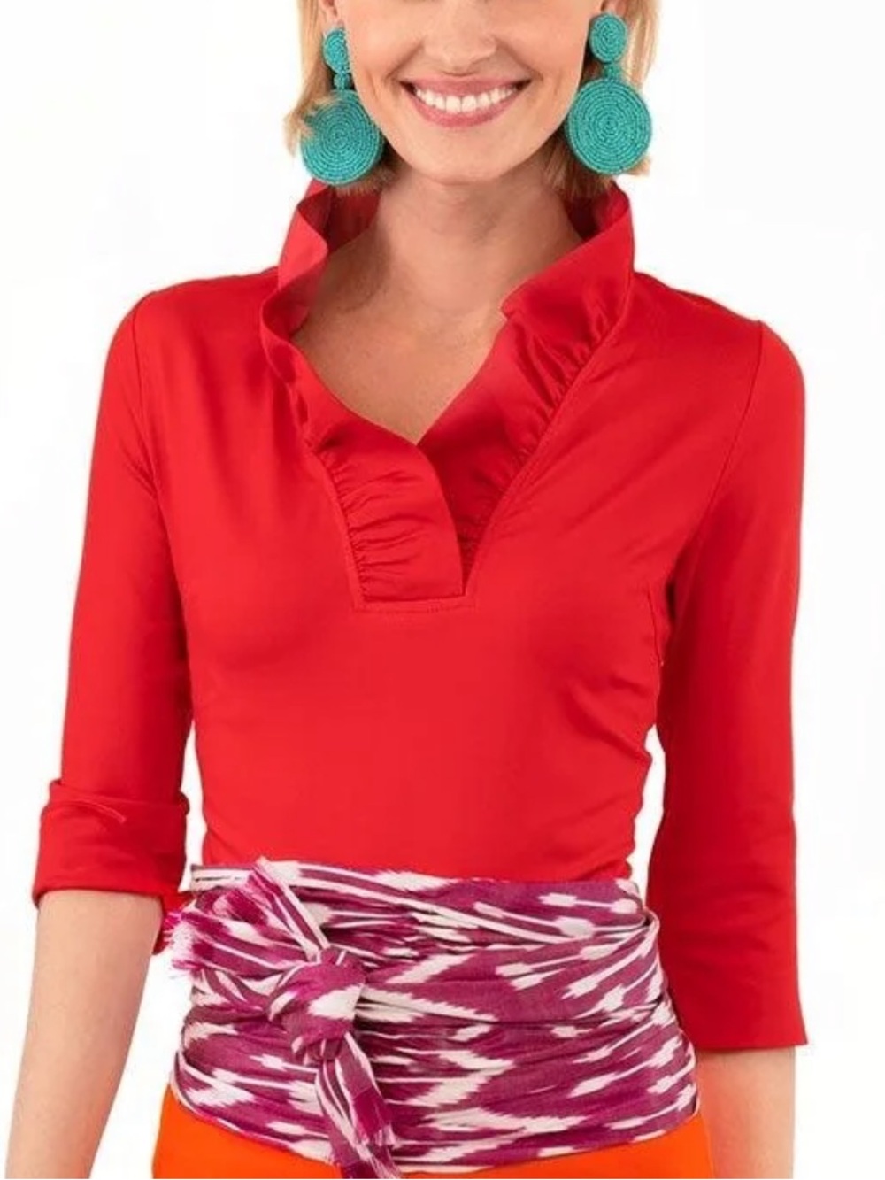 Gretchen Scott Ruffle Neck Top Size XL Red 3/4 Sleeves Jersey Stretch EUC